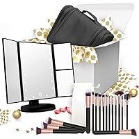 Makeup Brush Set, Hanging Toiletry Bag Travel Case and Trifold Cosmetic Vanity Mirror With 21 LED Lights – #1 Beauty Gift Set for Women Girlfriend Mom Gift Basket – Holiday Special
