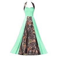 YINGJIABride Woman's A-line Satin with Camo Halter Bridal Party Dresses Wedding Guest Formal Dress Long
