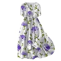joysale Women Summer Floral Print Dresses Lace Up Waist Shirt Midi Dress Casual Half Sleeve Trendy A Line Beach Dress