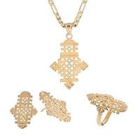 Ethiopian Cross Pendant Earring Ring Necklace Set 24k African Gold Corss Symbol Jewelry Set