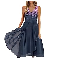 Sleeveless Dresses for Women 2024 V Neck Dress Casual Gradient Print Maxi Dress Evening Party Dresses