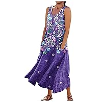 Beach Dresses for Women 2024 Vacation Summer Casual Fashion Printed Sleeveless Round Neck Pocket Dress