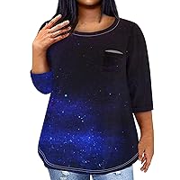Womens Plus Size Outfits Plus Size Tops for Women 2024 Sparkly Casual Fashion Loose Fit Trendy with 3/4 Length Sleeve Round Neck Shirts Dark Blue 4X-Large