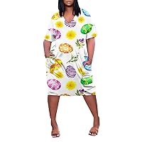 Plus Size Easter Dress for Women 3X Womens Easter Dress Classic Egg Print Loose Fit Casual Trendy Dress Short Sleeve V Neck Pockets Straight Dresses Purple 3X-Large