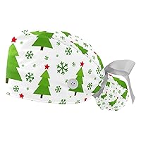 2 Pack Women’s Working Cap with Buttons Ribbon Tie Back Christmas Trees and Deers Long Hair Covers