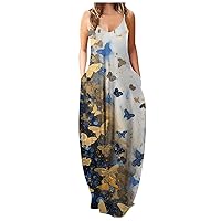 Summer Dresses for Women 2024 Vacation Casual Spaghetti Strap Long Sundresses Floral Print Beach Maxi Dress with Pockets