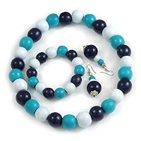 Dark Blue/Turquoise/White Wood Flex Necklace, Bracelet and Drop Earrings Set - 46cm L