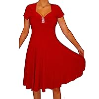 Plus Size Dress for Women Red V Neck A-Line Knee Length Party Dress with Rhinestone; Empire Waist Dress