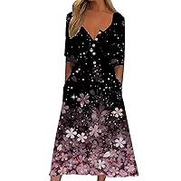 Women's Long Floral Print Button Large V Neckline Long Sleeve Double Pockets Knee Length Skirt Summer Dress 2024