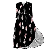 Plus Size Korean A-Line Dress Women Lace-Up Waist-Defined Henley Shirt Dress Funny Feather Print 3/4 Sleeve Dresses