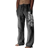 Mens Fashion Casual Individuality Cotton and Printed Pocket Lace Up Pants Large Size Pants Relaxed Fit Pants