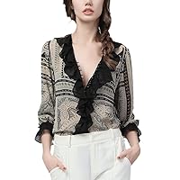 Chiffon Irregular Geometry Print Women Blouses Spring Summer Ruffles V-Neck Tops Loose Casual Female Shirt