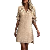 Fall Dresses for Women 2023 V Neck Short Sleeve Geometric Print Knot Cuff Tunic Short Dress