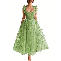 Women's 3D Butterfly Tulle Prom Dresses 2024 Tea Length Lace Embroidery A Line Fairy Corset Prom Evening Gown