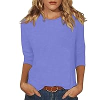 Tops for Women Dressy Casual 3/4 Length Sleeve Solid Color Top Round Neck Polyester Womens Going Out Tops Summer Tops for Women 2024 y2k Pullover 03-Purple Large