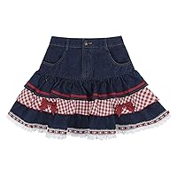 High Waist Bow Tiered Denim Mini Skirt for Women,Korean Hearts Design,Y2K Girls Cute Summer Collection