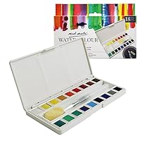 Mont Marte Water Color Paint Set-18 assorted colors with 1 Refillable Water Brush, Natural Sponge, Ceramic Dish and Built-in Palette