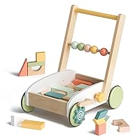 ROBUD Wooden Baby Push Walker, Baby Learning Walking Toys, 1st Birthday 1 2 3 Year Old Boys Girls Gifts, with Wooden Building Block