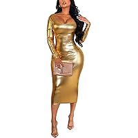 HugeNice Women's Sexy Deep V Neck Bodycon Mini Dresses Casual Long Sleeve Wrap Club Cocktail Party Short Dress