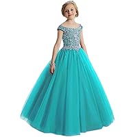 Big Girls Beaded Floor Length Prom Party Gowns Pageant Dresses US 10 Turquoise-2