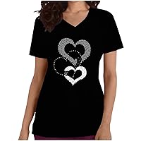Today'S Deals Cheap Stuff Under 1 Dollar Women Tops Heart Print V Neck Blouses Casual Scrubs-Top With Pockets, Short Sleeve Workwear T-Shirt Loose Tunic Tee Spring Shirt