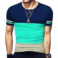 Mens Slim Fitted Short/Long-Sleeve Tee Shirts Cotton Contrast Color Stitching T-Shirt Fashion Top