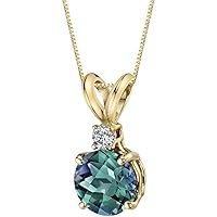 PEORA 14K Yellow Gold Created Alexandrite with Genuine Diamond Pendant for Women, Color-Changing Solitaire, Round Shape, 6.50mm, 1.30 Carats total