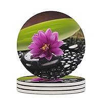 Purple Flower with Black Stone Print Coasters Set of 4 Or 6 Absorbent Ceramic Coaster with Cork Base Round Tabletop Protection Mat for Mugs and Cups, Office, Kitchen