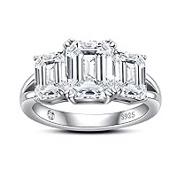 AnuClub Round/Emerald/Marquise Cut Moissanite 3 Stone Engagement Rings D Color VVS1 Round Cut 14K White Gold Plated 925 Sterling Silver Anniversary Wedding Promise Ring for Women