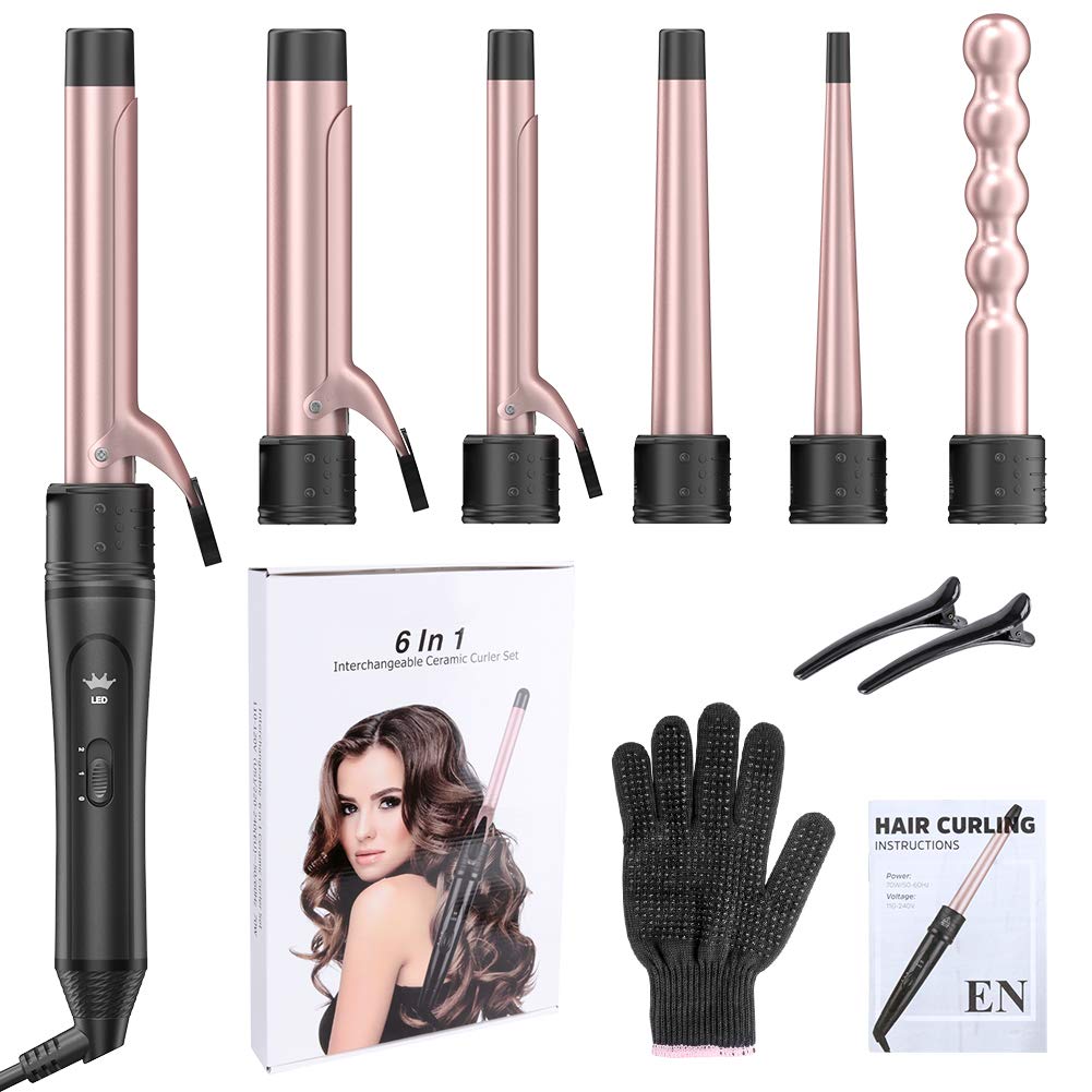 Mua 6-IN-1 Curling Iron, Professional Curling Wand Set, Instant Heat Up Hair  Curler with 6 Interchangeable Ceramic Barrels ('' to '') and 2  Temperature Adjustments, Heat Protective Glove & 2 Clips trên