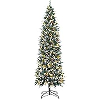 6FT Artificial Christmas Tree, 240 Warm White LED Lights and 560 Flexible Branches, with Snow Pine Cone Decoration, Indoor False Christmas Tree, Holiday Decoration