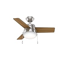 Hunter Fan Company Aker 36-inch Indoor Brushed Nickel Modern Ceiling Fan With Bright LED Light Kit, Pull Chains, Reversible WhisperWind Motor and SureSpeed Technology Included