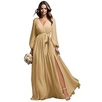 Long Sleeves Chiffon Bridesmaid Dresses for Women V-Neck Wedding Guest Gowns Long Formal Dress with Slit