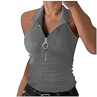 Ribbed Tank Tops for Women Sexy Halter Neck Tops Y2K Cute Half Zipper Collared Tanks Sleeveless Slim Fit Top