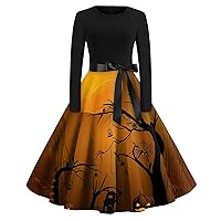 HTHLVMD Halloween Cute Candy Printed Dress for Women 2023,Gothic Style Long Sleeve Round Neck Dress with Belt Slim Dresses