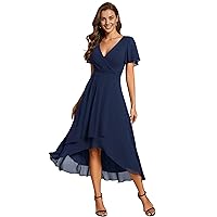 Ever-Pretty Women's Chiffon Formal Dresses V Neck Ruffle Sleeves Pleated High Low Summer Wedding Guest Dress