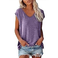 Women's Casual Cap Sleeve V Neck Tops 2024 Summer Loose Y2K Going Out Tee Shirts Basic Solid Color Tunic Blouse