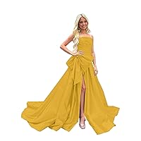 Strapless Prom Dresses with Slit for Women Long Satin Wedding Dresses A Line Formal Evening Party Gowns w/Bowtie