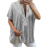2024 Womens Oversized Sequins Shirts Short Sleeve Deep V Neck Tee Tops Summer Casual Fashion Loose Fit Blouses