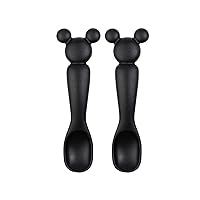 Bumkins Disney Baby Utensil Set, Silicone Trainer Spoons for Dipping, Soft Tip, Self-Feeding, Chew, Baby Led Weaning, Training Supplies, Essentials First Eating, 4 Mos, 2-pk Mickey Mouse Black