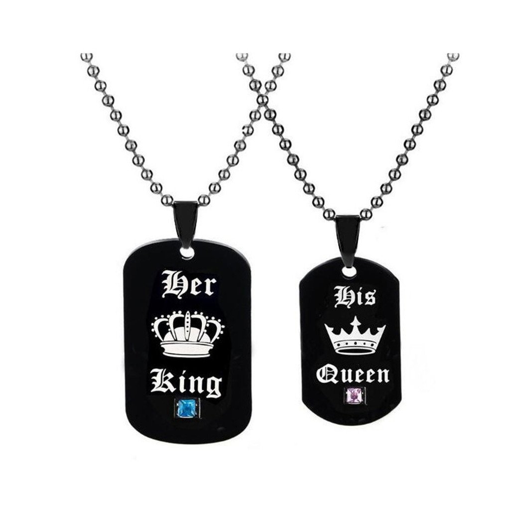 Uloveido His Queen & Her King Couples Square Pendant Necklaces for Men and Women Black and Gold Color Titanium SN115