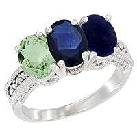 14K White Gold Natural Green Amethyst, Blue Sapphire & Lapis Ring 3-Stone 7x5 mm Oval Diamond Accent, sizes 5 - 10