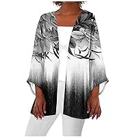 Womens Summer Lightweight Cardigan 3/4 Sleeve Open Front Casual Kimono Cover Up for Travel Grey