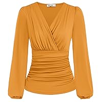 GRACE KARIN 2024 Womens Tops Summer Elegant Wrap Blouse V Neck Long Sleeve Casual Ruched Top