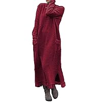 Women's Long Sleeve Crewneck Swing Lace Splicing Hem Maxi Dresses Loose Fit Solid Slit Hem Fall Maxi Dress with Pocket
