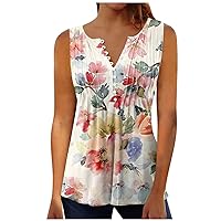 Womens Summer Tank Tops Plus Size Sleeveless Henley Shirts Tunic Tops for Woman Button Down Graphic Tees Ladies Print T-Shirt