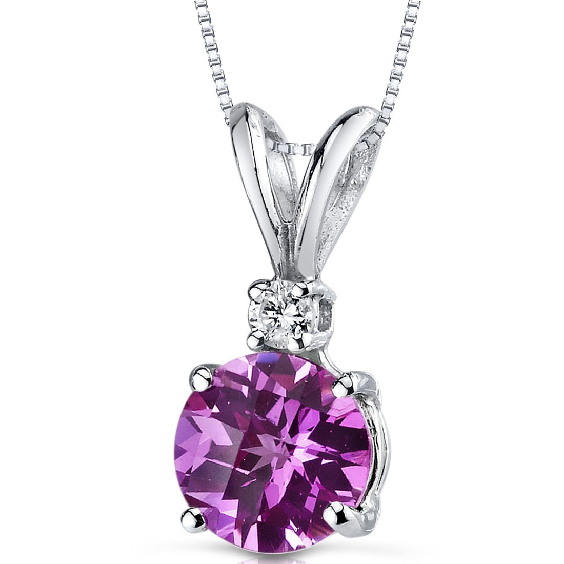 PEORA Created Pink Sapphire with Genuine Diamond Pendant in 14K White Gold, Elegant Solitaire, Round Shape, 6.50mm, 1.4 Carats total