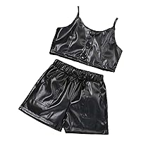 Kids Girls PU Leather Button Down Crop Tops with Shorts Set Stylish Casual Outfits for Summer Active Dance Streetwear
