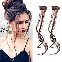 14 inch Natural Long Wavy Curly 3D Air Bangs Hair Clip in Bangs Extensions 100 Real Human Hair Front Side Clip on Bangs Fringe with Temples Hairpiece for Women Daily Wear 2pcs set Light Brown