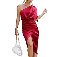 ANRABESS Women Satin One Shoulder Short Sleeve Ruched Bodycon Wrap Cocktail Party Midi Dress